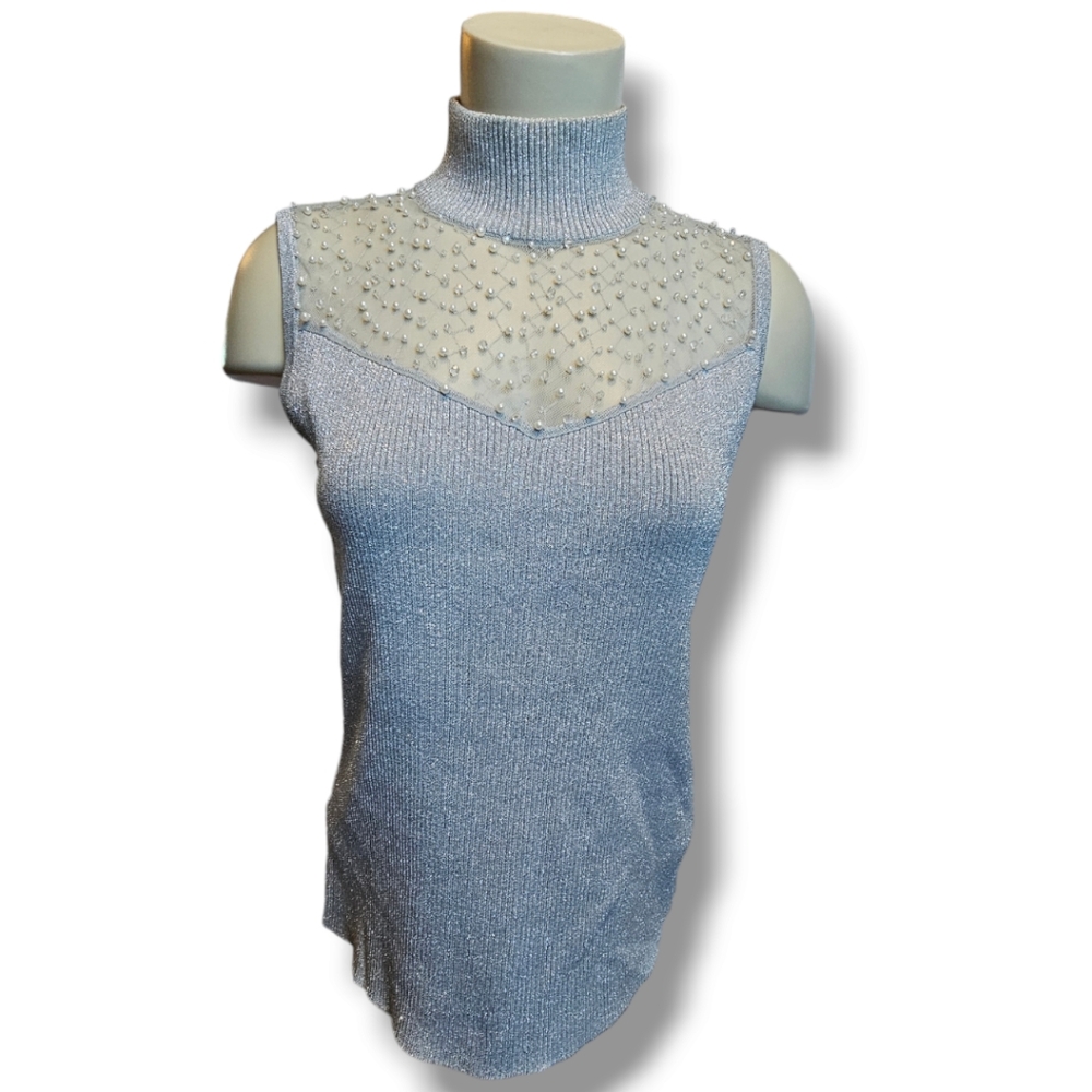 Cable & Gauge Sleeveless Turtleneck Silk Blend Top with Beads and sheet mesh. M